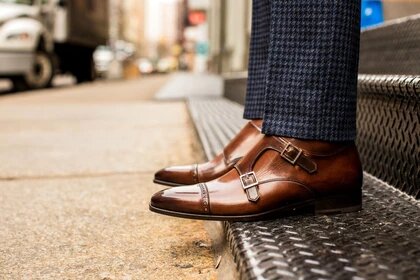 Dark Tan Leather Formal Toe Cap Double Monk Strap Buckle Boot Shoes for Men with Leather Sole. Goodyear Welted Construction Available.