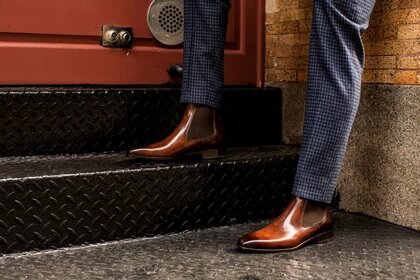 Dark Tan Leather Formal Chelsea Boot Slip On Shoes for Men with Leather Sole. Goodyear Welted Construction Available.