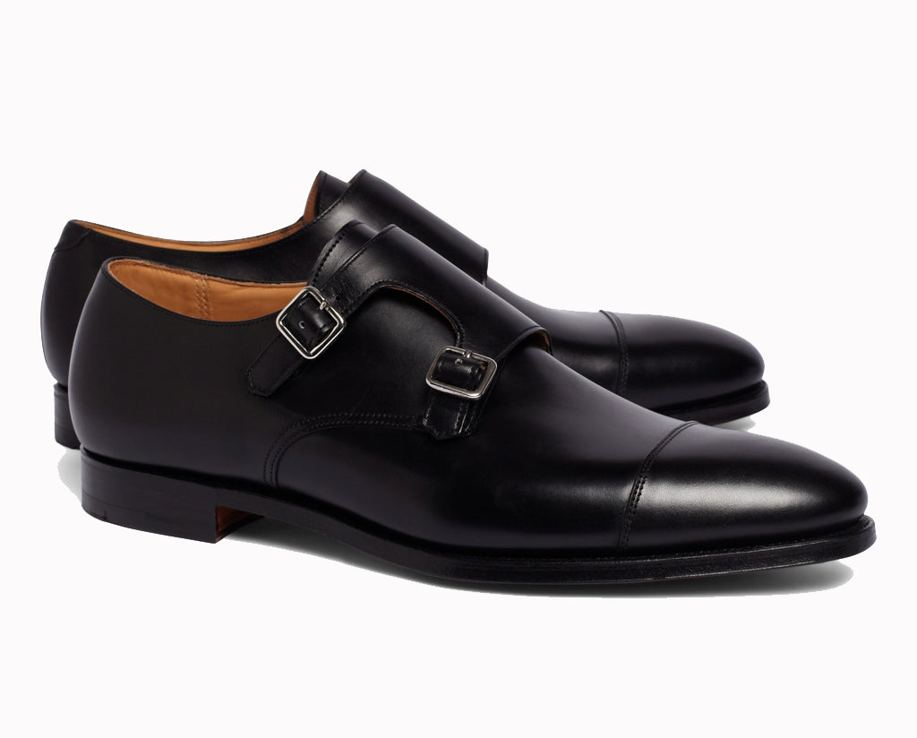 Black Leather Formal Double Monk Strap Buckle Shoes for Men with Leather Sole. Goodyear Welted Construction Available.