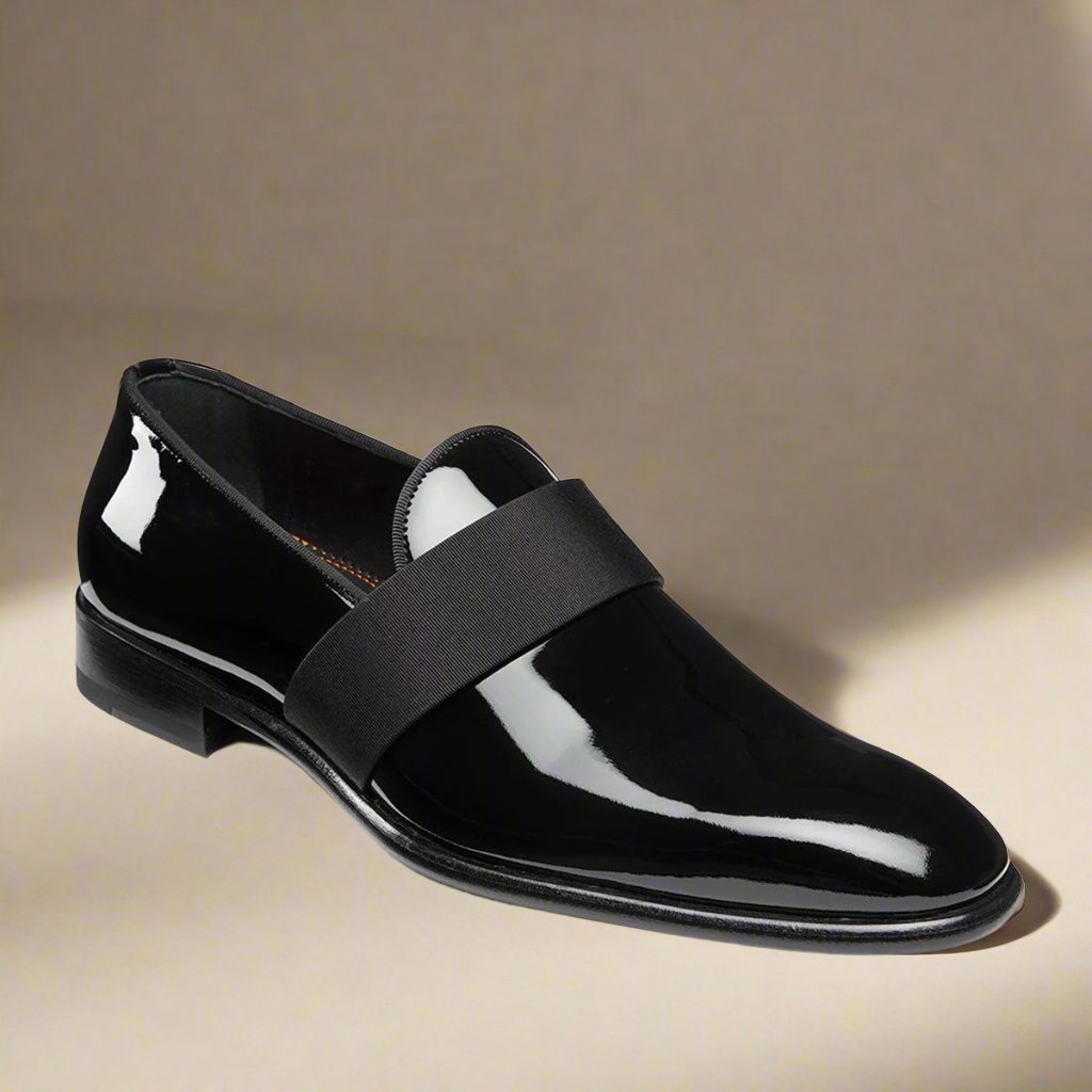 Black Patent Leather Formal Penny Loafer Slip On Shoes for Men with Leather Sole. Goodyear Welted Construction Available.