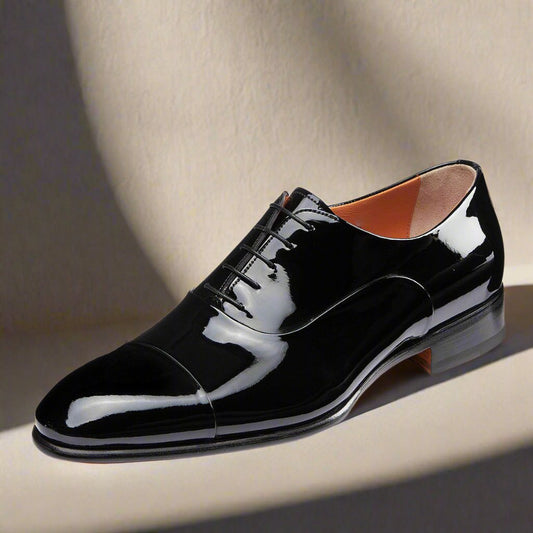 Black Patent Leather Formal Toe Cap Oxford Lace Up Shoes for Men with Leather Sole. Goodyear Welted Construction Available.