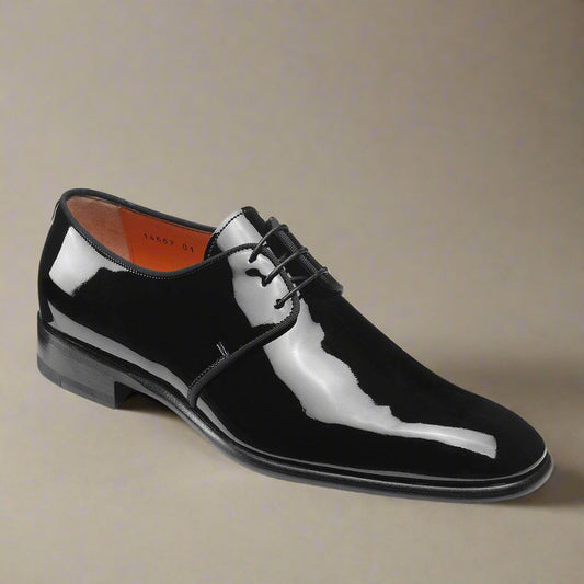 Black Patent Leather Formal Derby Lace Up Shoes for Men with Leather Sole. Goodyear Welted Construction Available.