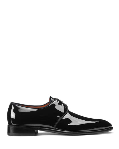 Black Patent Leather Formal Derby Lace Up Shoes for Men with Leather Sole. Goodyear Welted Construction Available.