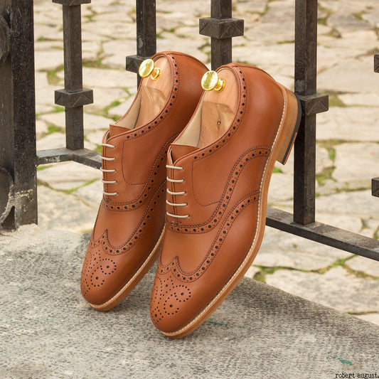 Tan Leather Formal Oxford Wingtip Brogue Lace Up Shoes for Men with Leather Sole. Goodyear Welted Construction Available.