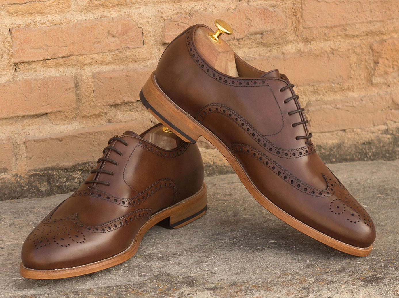 Dark Brown Leather Formal Oxford Wingtip Brogue Lace Up Shoes for Men with Leather Sole. Goodyear Welted Construction Available.