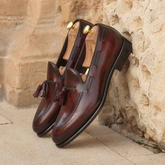 Burgundy Leather Patina Finish Formal Tassel Loafer Slip On Shoes for Men with Leather Sole. Goodyear Welted Construction Available.