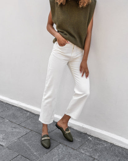 Mia Olive Green Leather Mules for Women