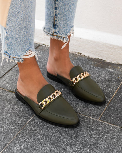 Mia Olive Green Leather Mules for Women