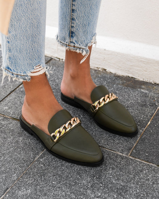 Mia Olive Green Leather Mules for Women