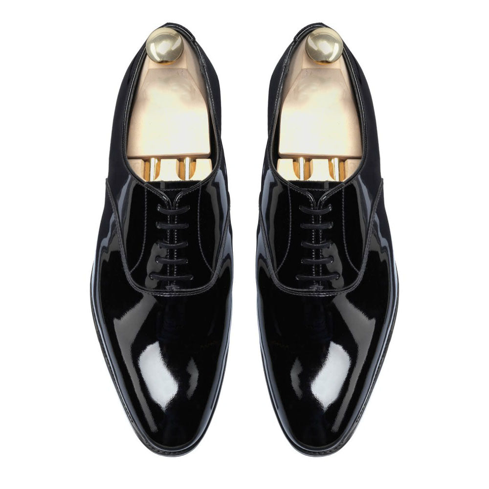 Black Patent Leather Formal Oxford Lace Up Shoes for Men with Leather Sole. Goodyear Welted Construction Available.
