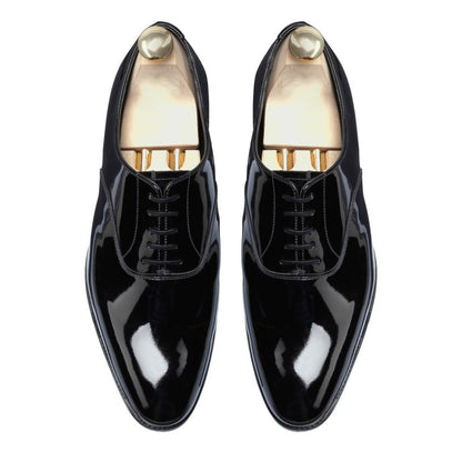 Black Patent Leather Formal Oxford Lace Up Shoes for Men with Leather Sole. Goodyear Welted Construction Available.