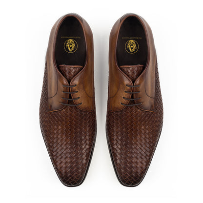 Brown Leather Braided Woven Formal Derby Lace Up Shoes for Men with Leather Sole. Goodyear Welted Construction Available.
