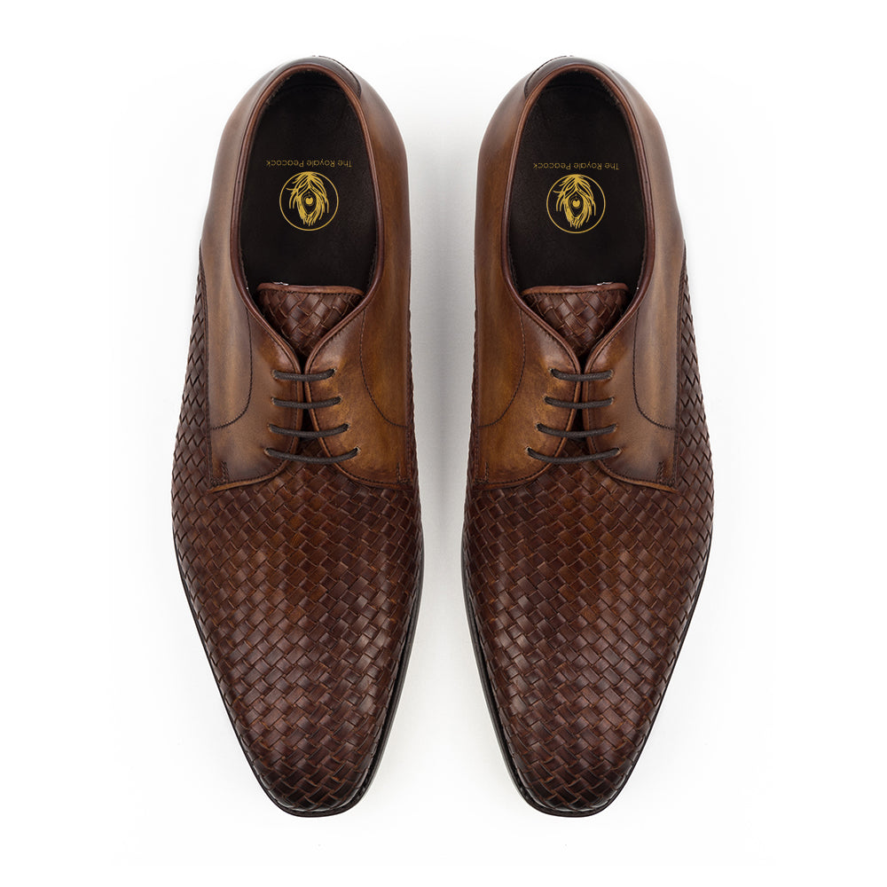 Brown Leather Braided Woven Formal Derby Lace Up Shoes for Men with Leather Sole. Goodyear Welted Construction Available.