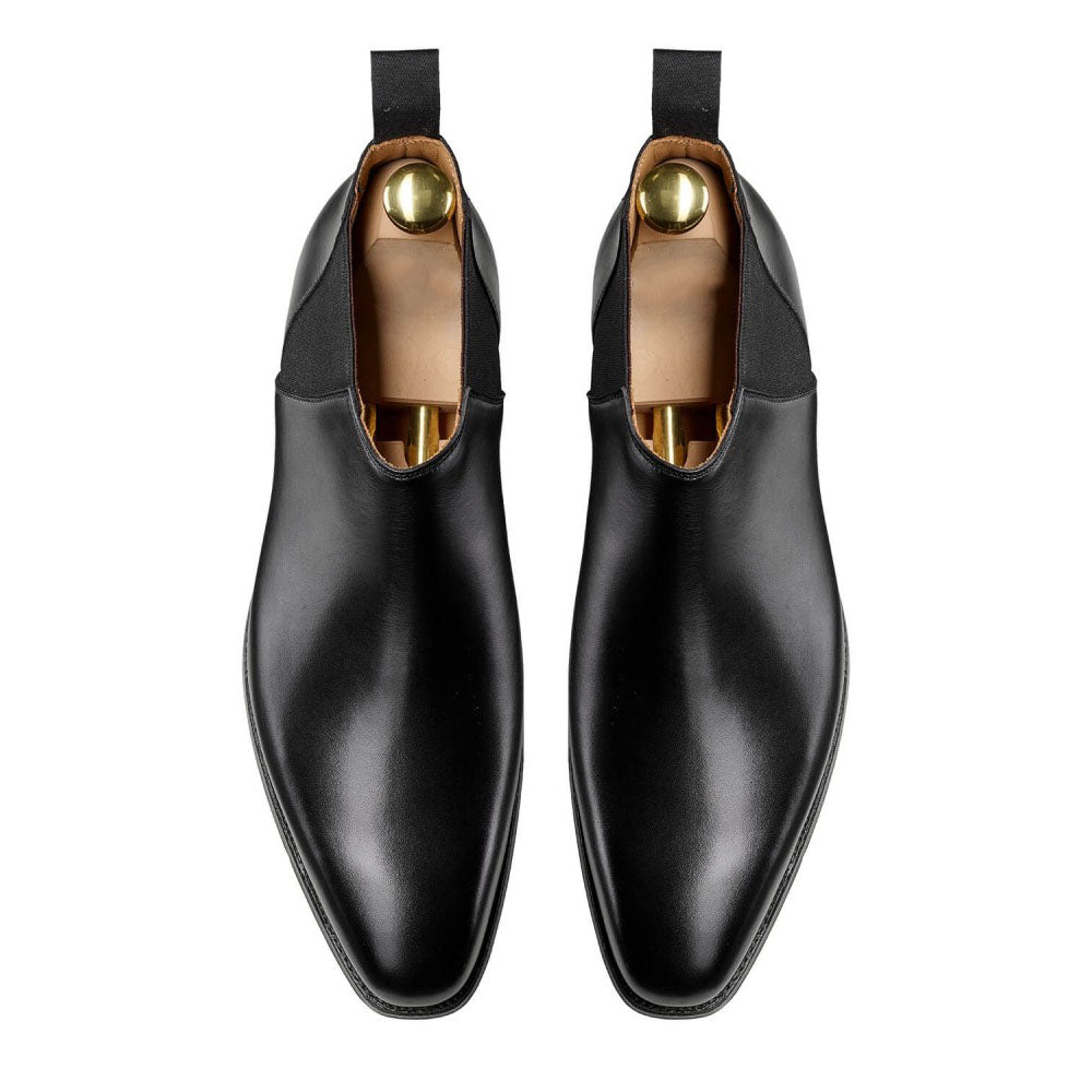 Black Leather Formal Short Chelsea Boot Slip On Shoes for Men with Leather Sole. Goodyear Welted Construction Available.