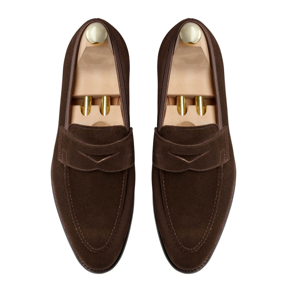 Dark Brown Suede Leather Formal Penny Loafer Slip On Shoes for Men with Leather Sole. Goodyear Welted Construction Available.