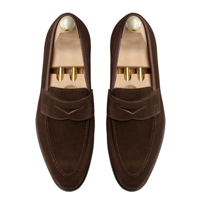 Dark Brown Suede Leather Formal Penny Loafer Slip On Shoes for Men with Leather Sole. Goodyear Welted Construction Available.