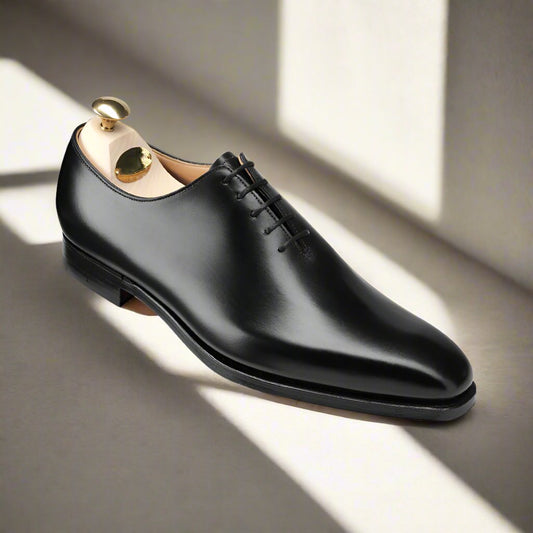 Black Leather Formal Wholecut Oxford Lace Up Shoes for Men with Leather Sole. Goodyear Welted Construction Available.