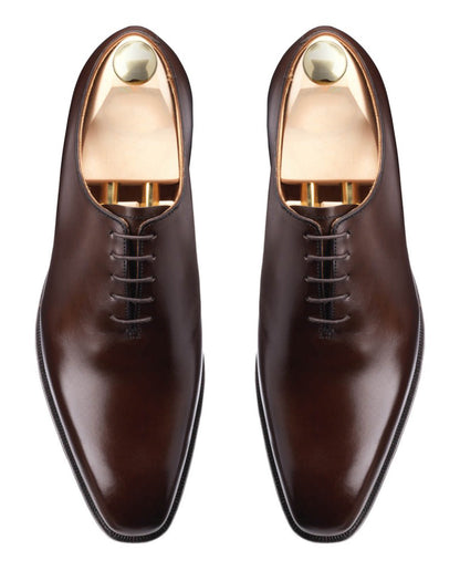 Dark Brown Leather Formal Wholecut Oxford Lace Up Shoes for Men with Leather Sole. Goodyear Welted Construction Available.