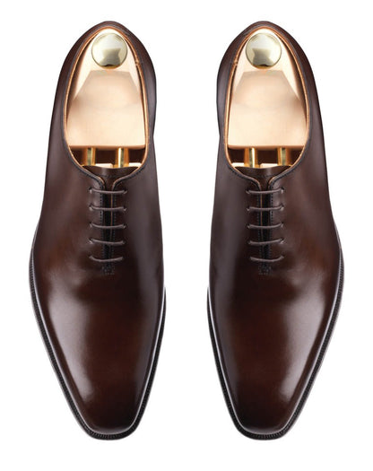 Dark Brown Leather Formal Wholecut Oxford Lace Up Shoes for Men with Leather Sole. Goodyear Welted Construction Available.