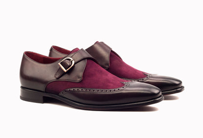 Burgundy Suede Leather Formal Wingtip Brogue Single Monk Strap Buckle Shoes for Men with Leather Sole. Goodyear Welted Construction Available.