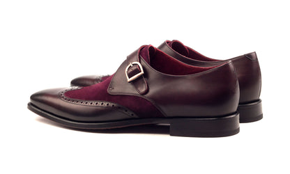 Burgundy Suede Leather Formal Wingtip Brogue Single Monk Strap Buckle Shoes for Men with Leather Sole. Goodyear Welted Construction Available.
