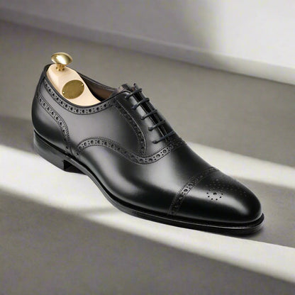 Black Leather Formal Toe Cap Brogue Oxford Lace Up Shoes for Men with Leather Sole. Goodyear Welted Construction Available.