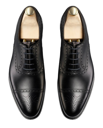 Black Leather Formal Toe Cap Brogue Oxford Lace Up Shoes for Men with Leather Sole. Goodyear Welted Construction Available.
