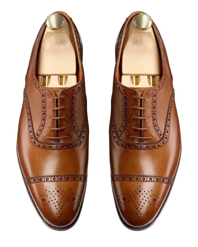 Tan Leather Formal Toe Cap Brogue Oxford Lace Up Shoes for Men with Leather Sole. Goodyear Welted Construction Available.