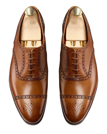 Tan Leather Formal Toe Cap Brogue Oxford Lace Up Shoes for Men with Leather Sole. Goodyear Welted Construction Available.