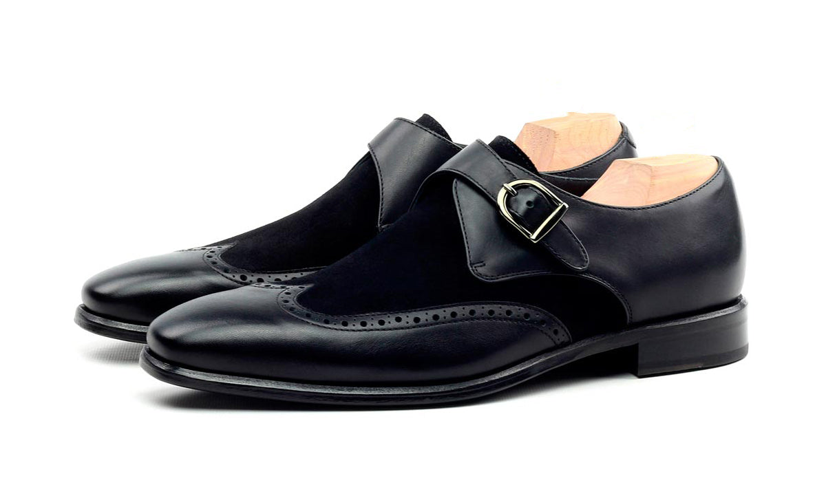 Black Suede Leather Formal Wingtip Brogue Single Monk Strap Buckle Shoes for Men with Leather Sole. Goodyear Welted Construction Available.