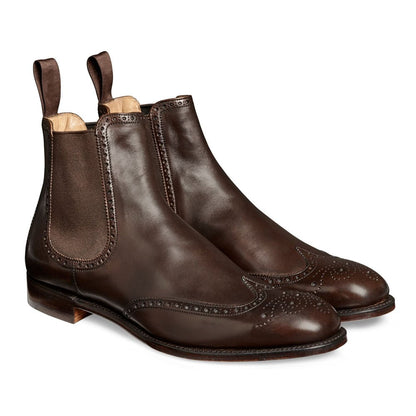 Brown Leather Formal Wingtip Brogue Chelsea Boot Slip On Shoes for Men with Leather Sole. Goodyear Welted Construction Available.
