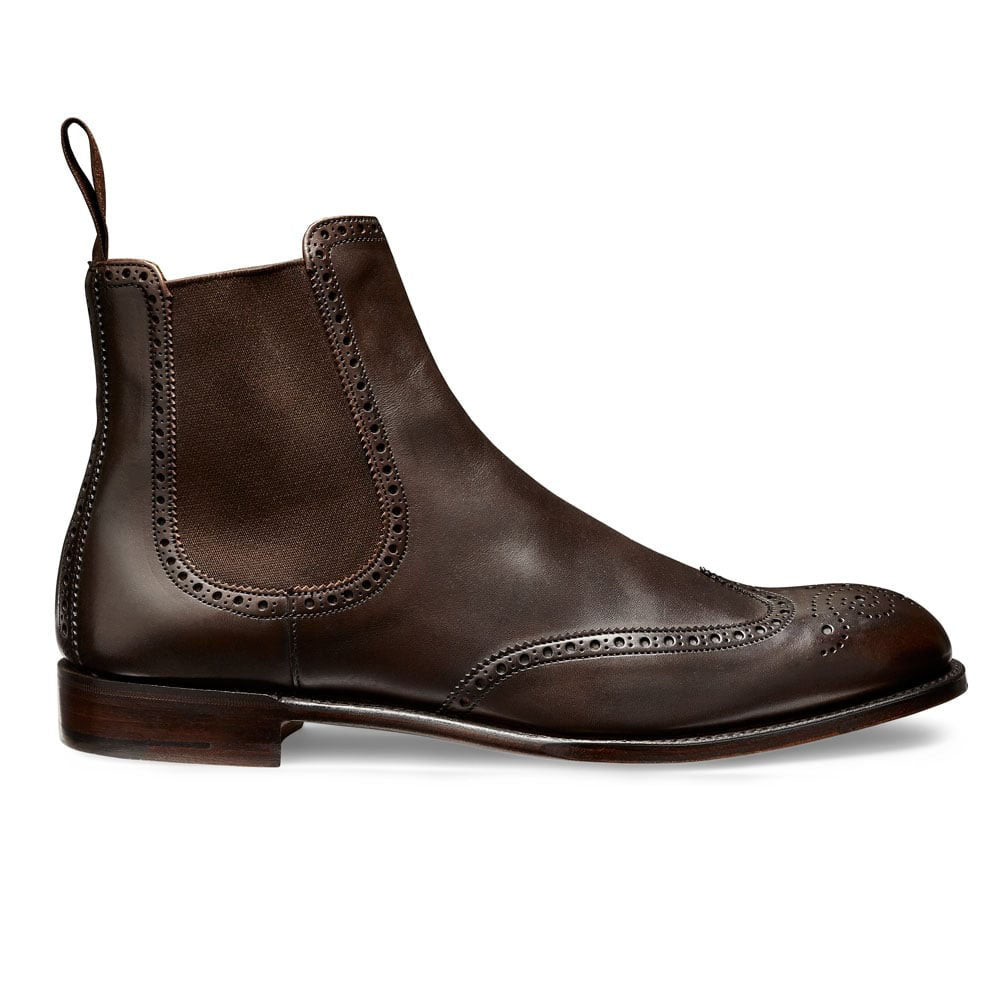Brown Leather Formal Wingtip Brogue Chelsea Boot Slip On Shoes for Men with Leather Sole. Goodyear Welted Construction Available.
