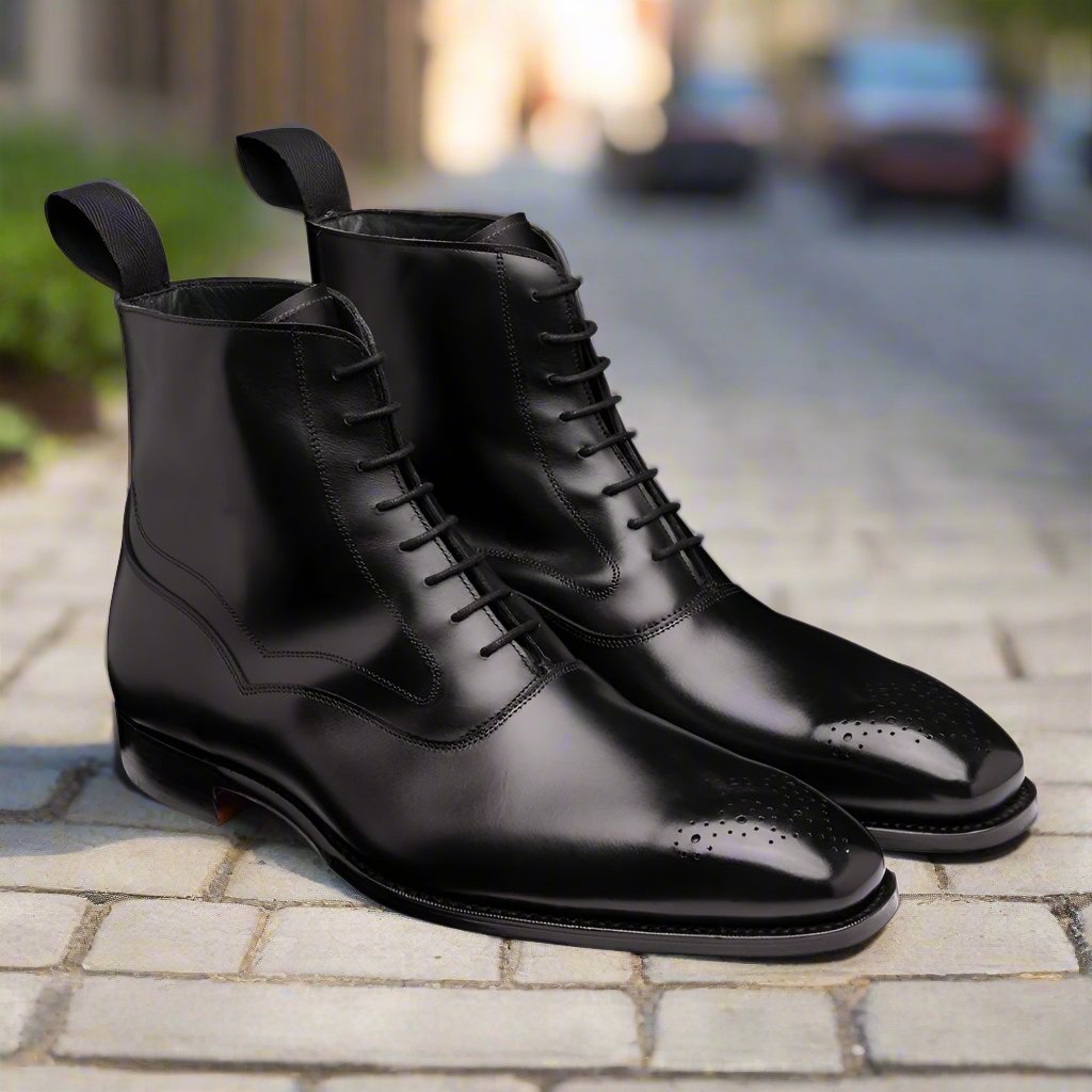Black Leather Formal Lace Up Boot Shoes for Men with Leather Sole. Goodyear Welted Construction Available.