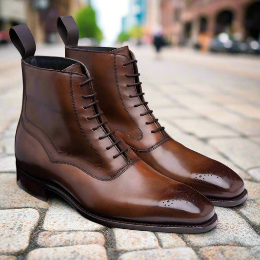 Tan Brown Leather Formal Lace Up Boot Shoes for Men with Leather Sole. Goodyear Welted Construction Available.