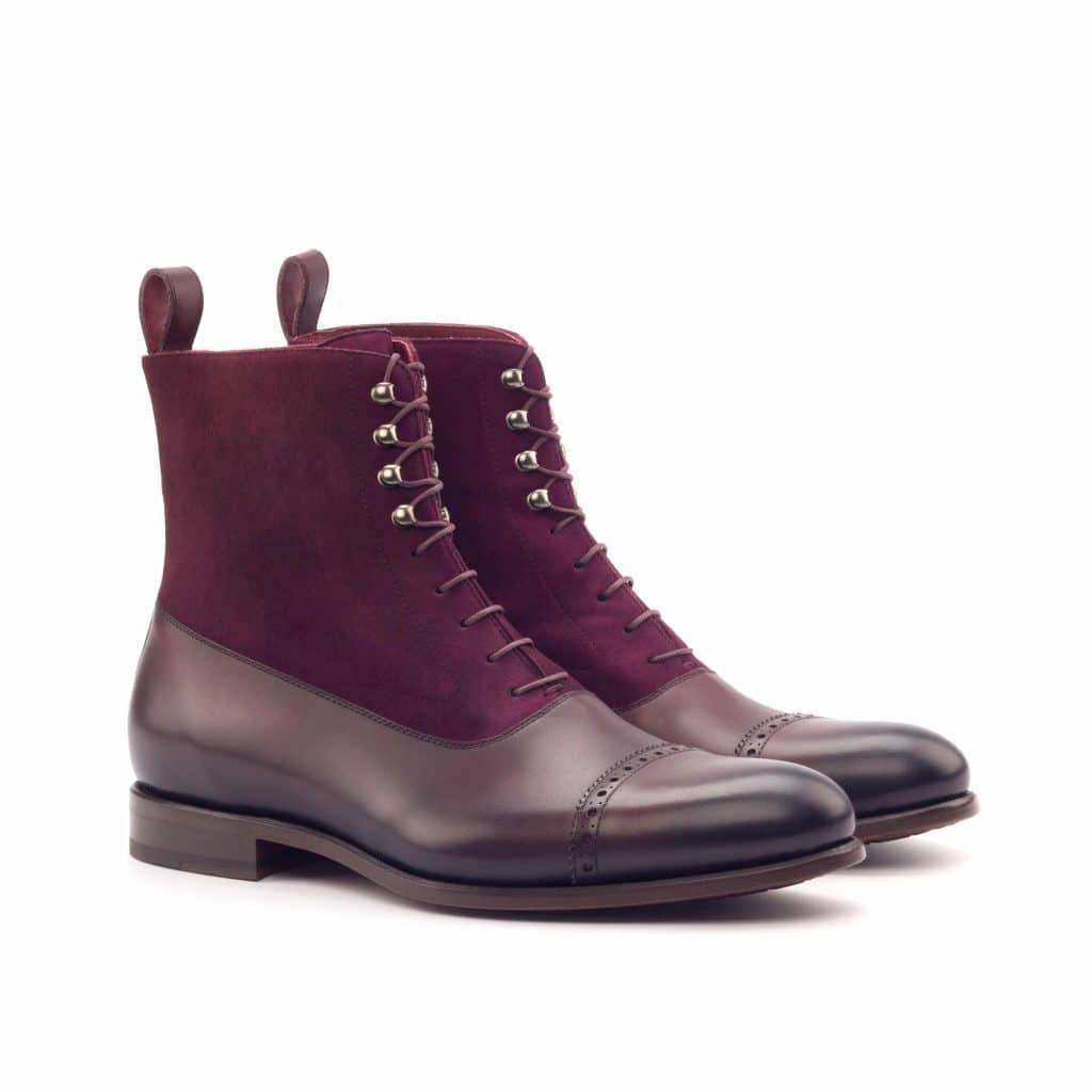 Burgundy Leather Suede Formal Lace Up Toe Cap Boot Shoes for Men with Leather Sole. Goodyear Welted Construction Available.