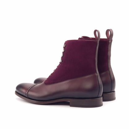 Burgundy Leather Suede Formal Lace Up Toe Cap Boot Shoes for Men with Leather Sole. Goodyear Welted Construction Available.
