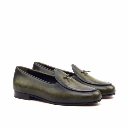 Olive Green Patina Finish Leather Formal Bow Loafer Belgian Slip On Shoes for Men with Leather Sole. Goodyear Welted Construction Available.