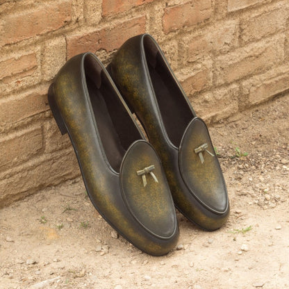 Olive Green Patina Finish Leather Formal Bow Loafer Belgian Slip On Shoes for Men with Leather Sole. Goodyear Welted Construction Available.