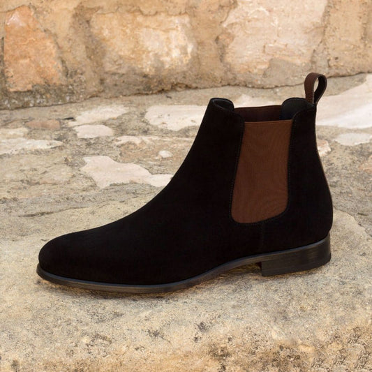 Black Suede Leather Formal Chelsea Boot Slip On Shoes for Men with Leather Sole. Goodyear Welted Construction Available.