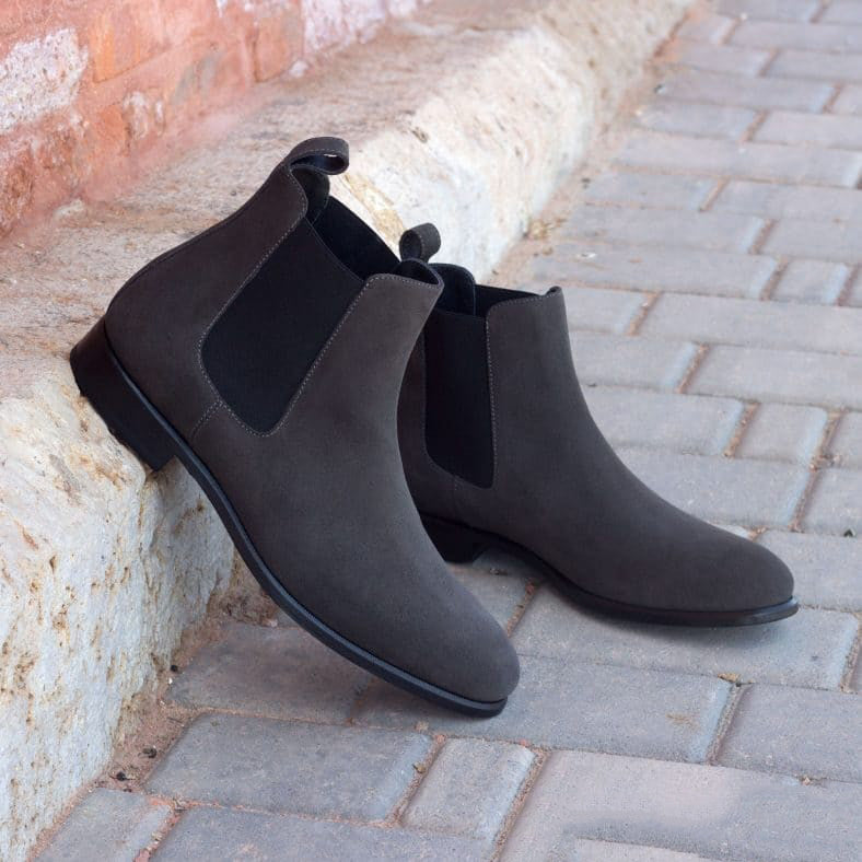 Grey Suede Leather Formal Chelsea Boot Slip On Shoes for Men with Leather Sole. Goodyear Welted Construction Available.