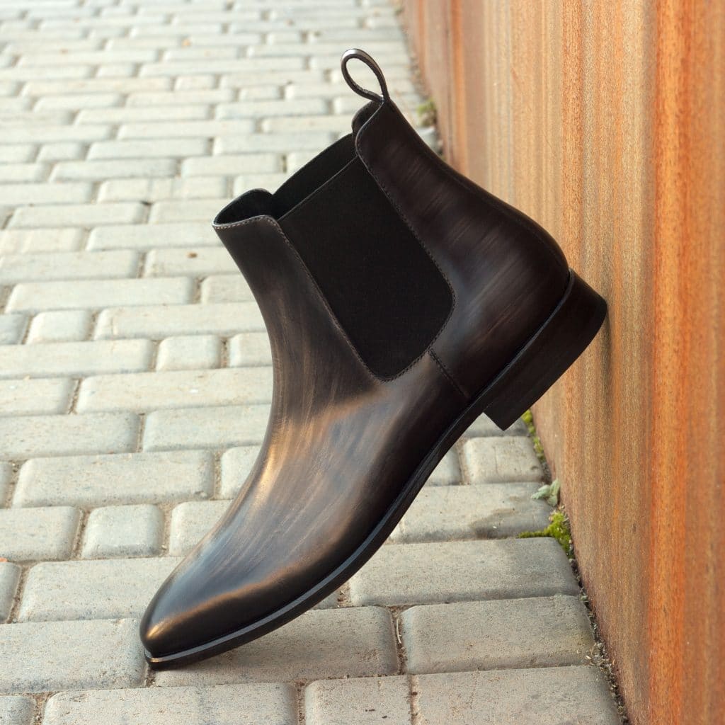 Grey Patina Finish Leather Formal Chelsea Boot Slip On Shoes for Men with Leather Sole. Goodyear Welted Construction Available.