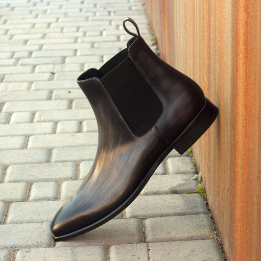 Grey Patina Finish Leather Formal Chelsea Boot Slip On Shoes for Men with Leather Sole. Goodyear Welted Construction Available.