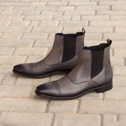 Grey Patina Finish Leather Formal Chelsea Boot Slip On Shoes for Men with Leather Sole. Goodyear Welted Construction Available.