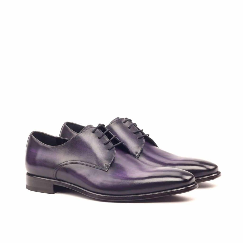 Purple Patina Finish Leather Formal Derby Lace Up Shoes for Men with Leather Sole. Goodyear Welted Construction Available.