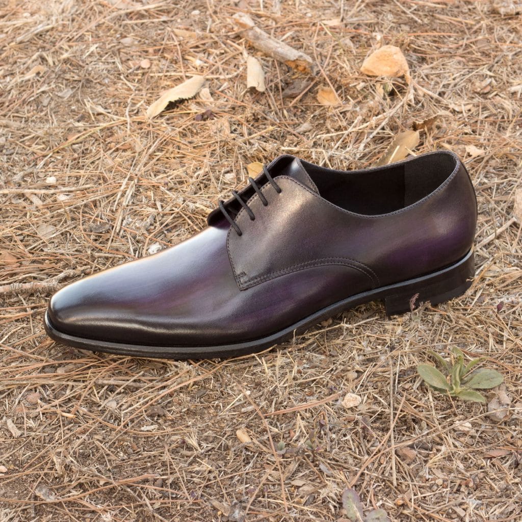 Purple Patina Finish Leather Formal Derby Lace Up Shoes for Men with Leather Sole. Goodyear Welted Construction Available.
