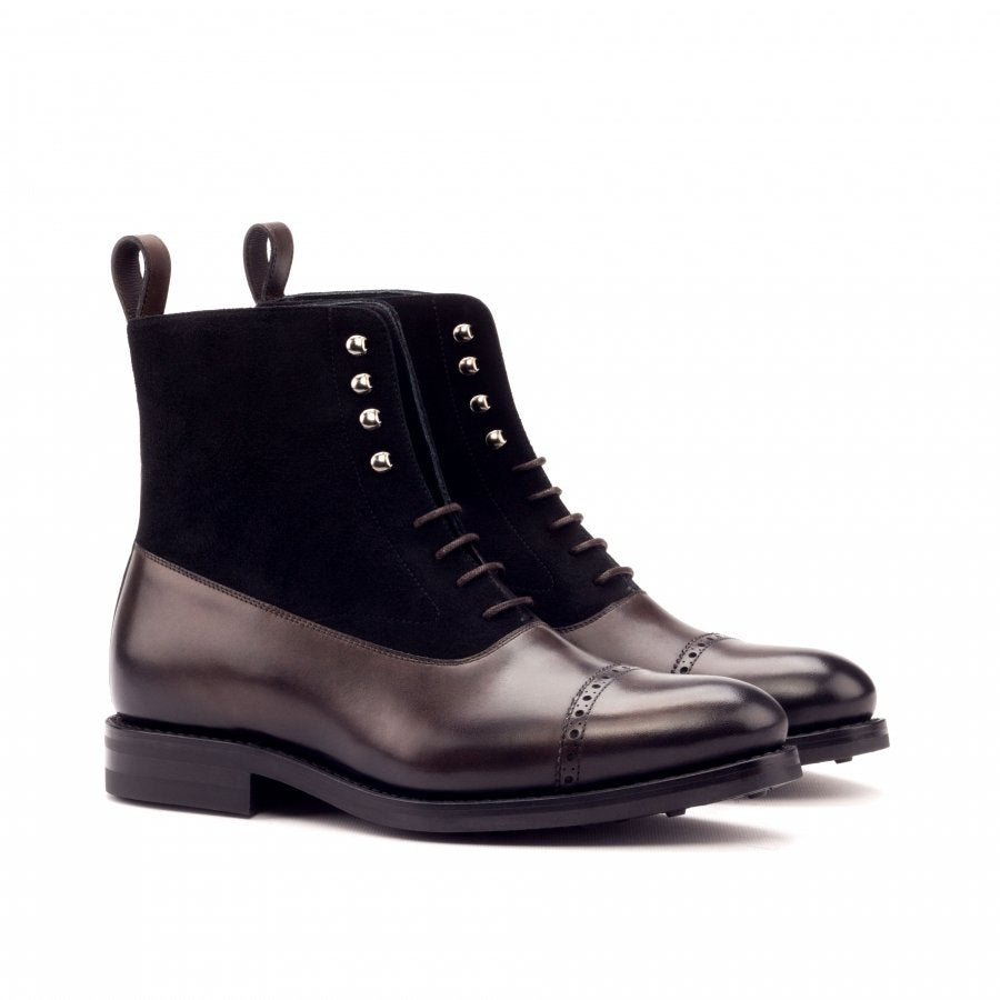 Dark Brown Leather Brown Suede Formal Lace Up Toe Cap Boot Shoes for Men with Leather Sole. Goodyear Welted Construction Available.