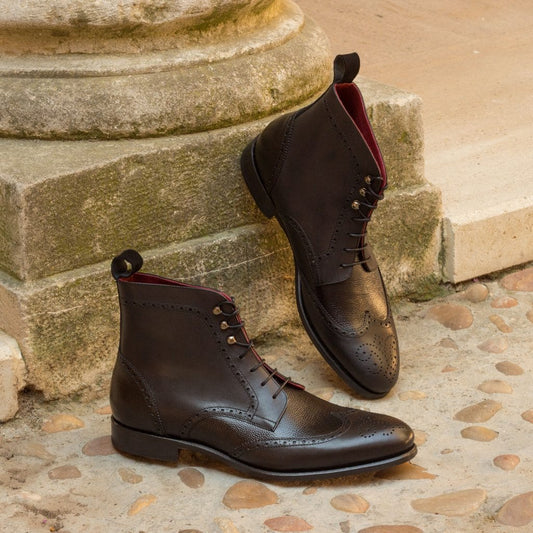 Black Textured Leather Formal Wingtip Brogue Lace Up Boot Shoes for Men with Leather Sole. Goodyear Welted Construction Available.