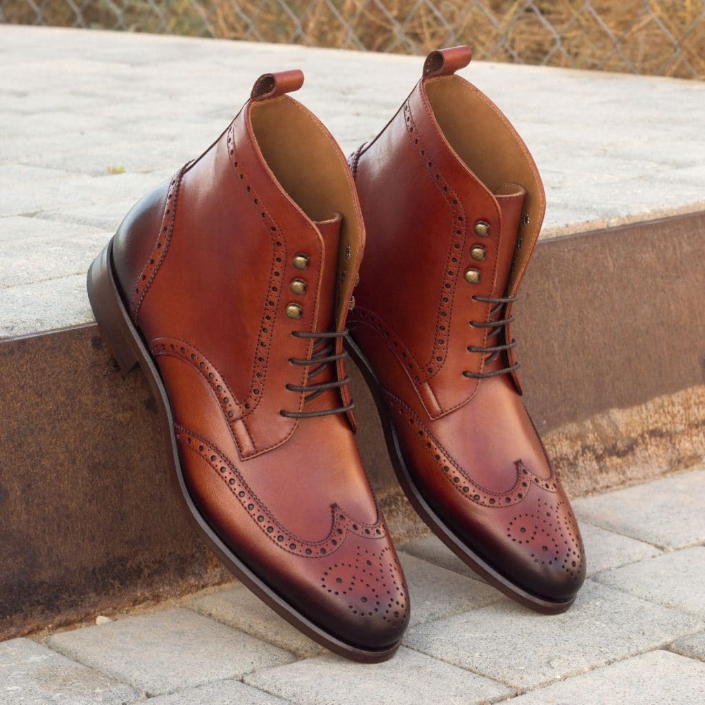 Dark Tan Leather Formal Wingtip Brogue Lace Up Boot Shoes for Men with Leather Sole. Goodyear Welted Construction Available.