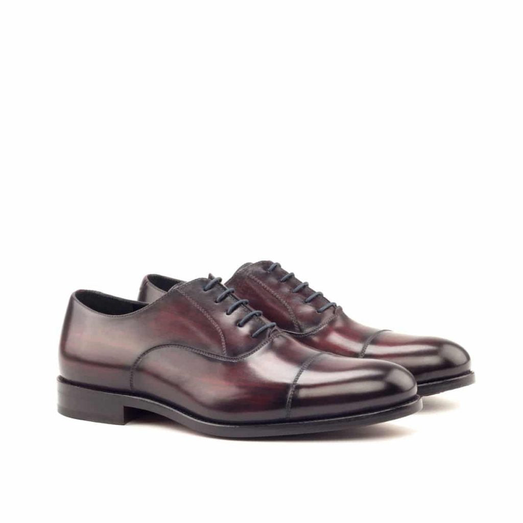 Burgundy Cherry Red Brown Patina Finish Leather Formal Oxford Toe Cap Lace Up Shoes for Men with Leather Sole. Goodyear Welted Construction Available.