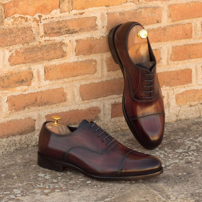 Burgundy Cherry Red Brown Patina Finish Leather Formal Oxford Toe Cap Lace Up Shoes for Men with Leather Sole. Goodyear Welted Construction Available.